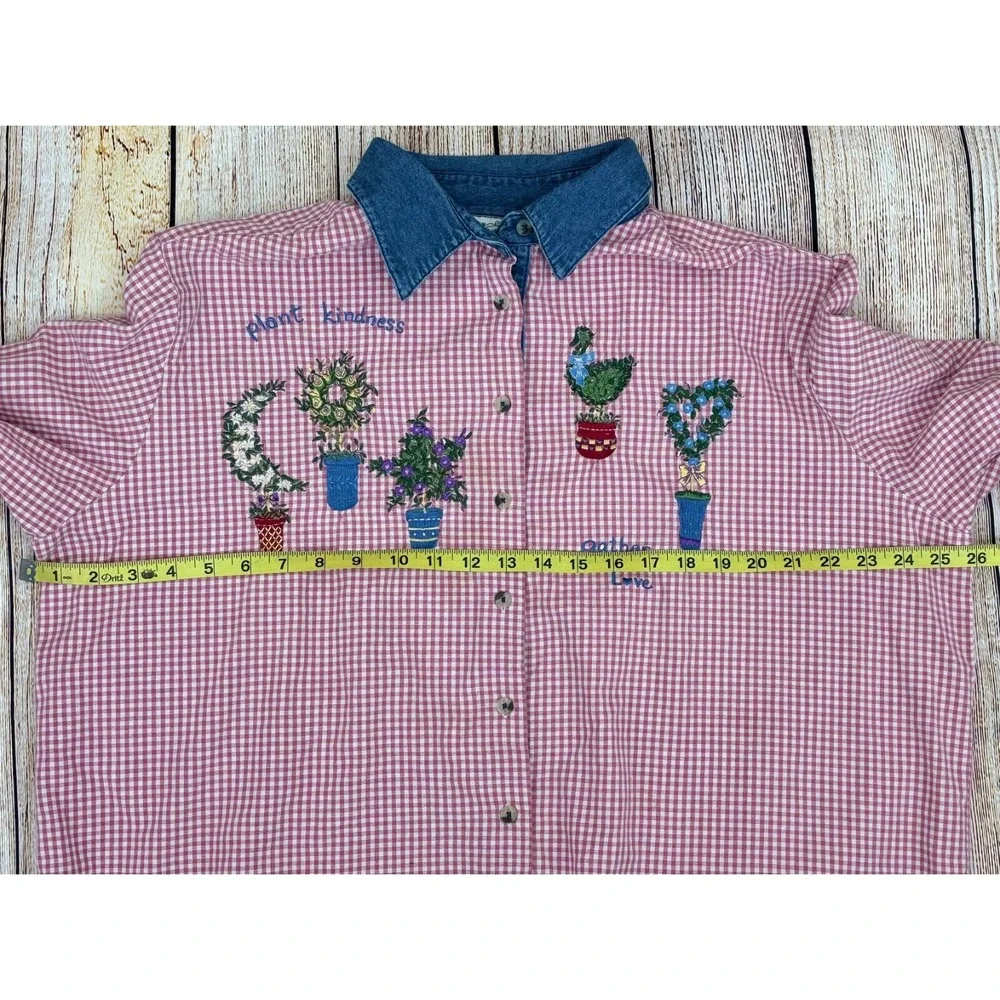 Quaker Factory Long Sleeve Shirt Size 1X‎ Cotton Gingham Gardening Embroidered